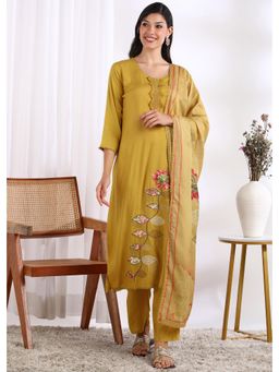 Gahan - Women Mustard Rayon Embroidered Kurta with Pant and Dupatta