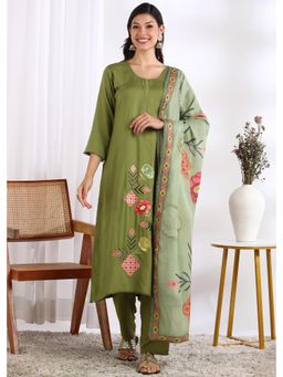 Gahan - Women Pista Green Rayon Embroidered Kurta with Pant and Dupatta