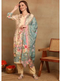 Gahan - Women Beige Poly Muslin Printed Kurta with Pant and Dupatta