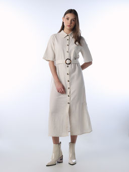 ONLY - Womens Solid Fit and Flare White Midi Dress with Belt