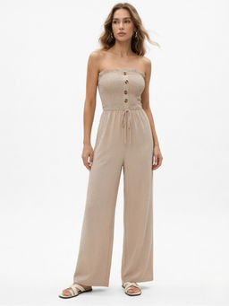 Outzidr - Beige Tube Front Buttoned Solid Jumpsuit