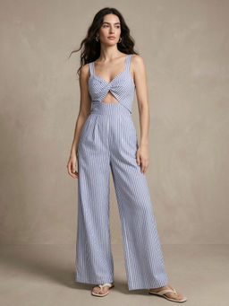 Outzidr - Blue Shoulder Strap Waist Cut-Out Jumpsuit