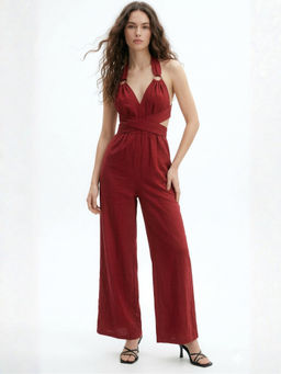 Outzidr - Maroon Metal Trim V-Neck Jumpsuit