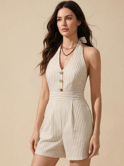 Outzidr - Cream Halter Neck Striped Playsuit