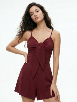 Outzidr - Maroon Spaghetti Strap Front Tie-Up Playsuit