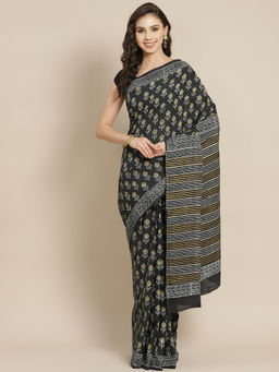 Juniper - Navy Cotton Mulmul Bagru Hand Block Saree With Unstitched Blouse