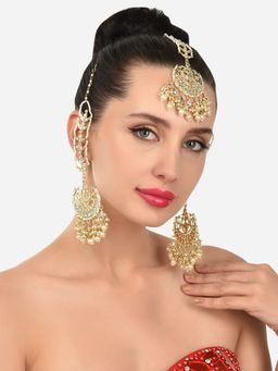 Zaveri Pearls - Gold Tone Traditional Kundan and Pearls Earring and Maangtikka Set-ZPFK12108