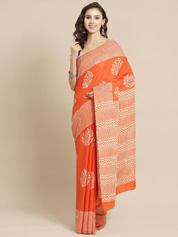 Juniper - Rust Cotton Mulmul Bagru Hand Block Saree With Unstitched Blouse