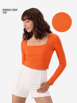 The Souled Store - Women Flame Orange Ribbed Full Sleeves Top