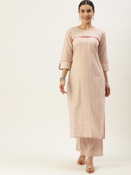 Shaily - Women Cream-coloured Chevron Printed Kurta With Trousers (set Of 2)