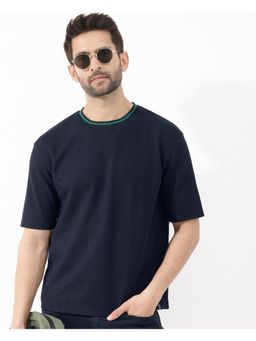 Rare Rabbit - Adiso Navy Blue Plain Oversized Fit T-Shirt