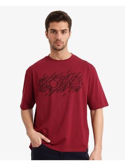Rare Rabbit - Ammon Maroon Graphic Print Oversized Fit T-Shirt