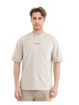 Rare Rabbit - Bonz-2 Beige Graphic Print Oversized Fit T-Shirt
