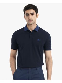 Rare Rabbit - Booth Navy Blue Embroidered Regular Fit Polo T-Shirt