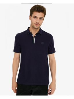 Rare Rabbit - Burrow Navy Blue Textured Regular Fit Polo T-Shirt
