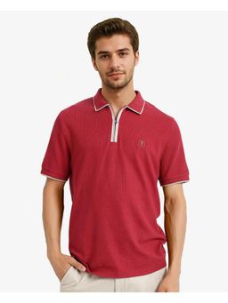 Rare Rabbit - Burrow Red Textured Regular Fit Polo T-Shirt