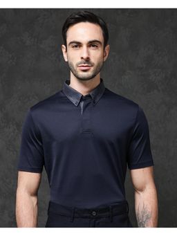 Rare Rabbit - Clarance Dusky Navy Blue Plain Regular Fit Polo T-Shirt