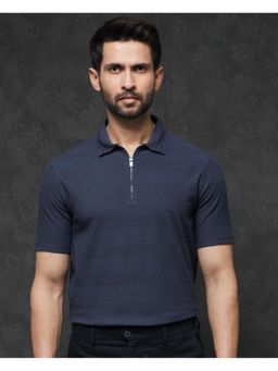 Rare Rabbit - Clion Dark Blue Jacquard Regular Fit Polo T-Shirt