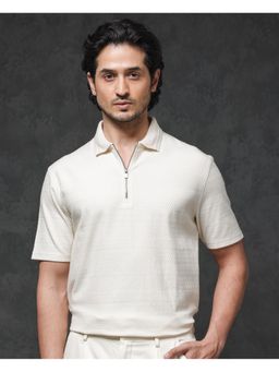 Rare Rabbit - Clion Beige Jacquard Regular Fit Polo T-Shirt