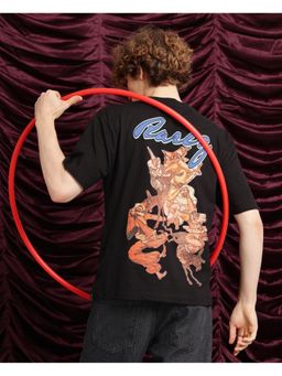 Rare Rabbit - Cruzo Black Graphic Print Oversized Fit T-Shirt