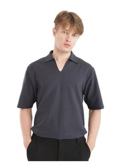 Rare Rabbit - Jawal Navy Blue Plain Oversized Fit Polo T-Shirt