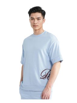 Rare Rabbit - Loit Light Blue Embroidered Oversized Fit T-Shirt