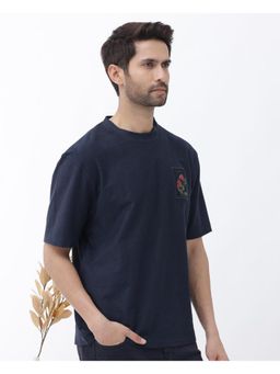 Rare Rabbit - Loopet Navy Blue Embroidered Oversized Fit T-Shirt