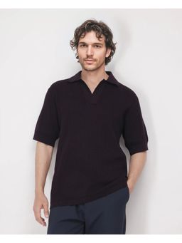 Rare Rabbit - Rera Dark Purple Textured Oversized Fit Polo T-Shirt