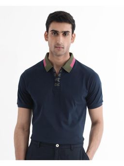 Rare Rabbit - Rique Navy Blue Plain Regular Fit Polo T-Shirt