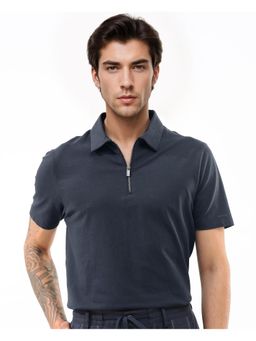 Rare Rabbit - Stan 2 Dusky Navy Blue Plain Regular Fit Polo T-Shirt