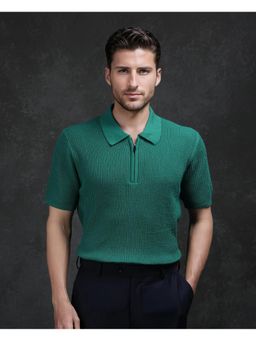 Rare Rabbit - Tris Green Self Design Regular Fit Polo T-Shirt