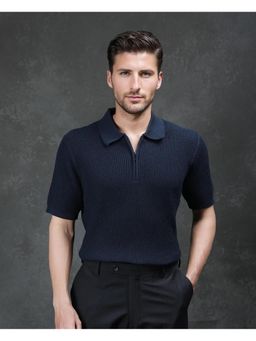 Rare Rabbit - Tris Navy Blue Self Design Regular Fit Polo T-Shirt