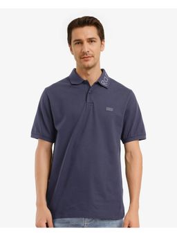 Rare Rabbit - Vinc Navy Blue Plain Regular Fit Polo T-Shirt
