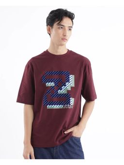 Rare Rabbit - Zees Maroon Graphic Print Oversized Fit T-Shirt