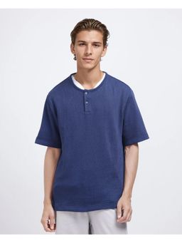 Rare Rabbit - Zeph Navy Blue Textured Boxy Fit T-Shirt