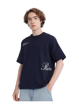 Rare Rabbit - Zolt Navy Blue Typography Print Boxy Fit T-Shirt