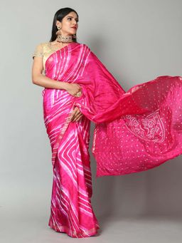 KISHORI - Lehariya with Zari Border and Bandhani Pallu Silk Saree with Blouse Piece with Semi-Stitched
