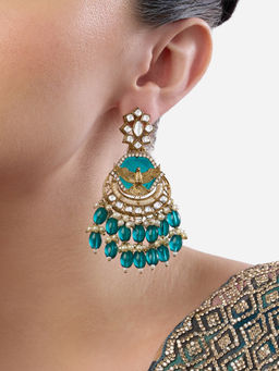Zaveri Pearls - Peacock Green Stones Beads Kundan Eagle Design Dangle Earrings