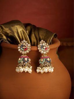 Zaveri Pearls - Multicolour Stones Cluster Beads Drop Ethnic Jhumka Earrings