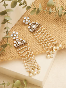 Zaveri Pearls - White Kundan and Pearl Beaded Chain Fringe Long Drop Earrings
