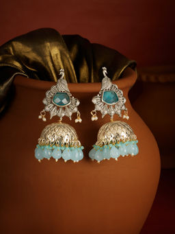 Zaveri Pearls - Pastel Blue Stones Beads Two Tone Peacock Jhumka Earrings