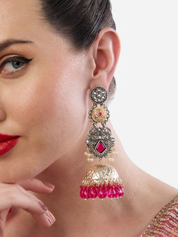 Zaveri Pearls - Rani Pink Stones Beads Two Tone Jhumka Earrings