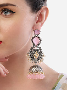 Zaveri Pearls - Pink Stones Beads Two Tone Jhumka Earrings