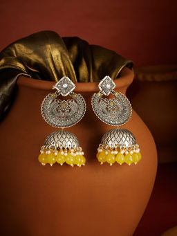 Zaveri Pearls - Yellow Stones Beads Two Tone Peacock Jhumka Earrings