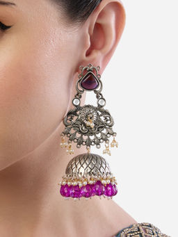 Zaveri Pearls - Purple Stones Beads Two Tone Peacock Jhumka Earrings