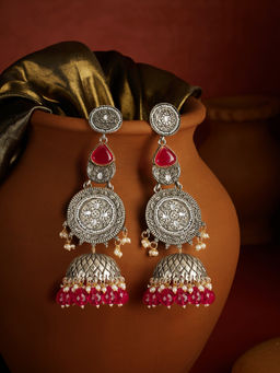 Zaveri Pearls - Rani Pink Stones Beads Two Tone Jhumka Earrings