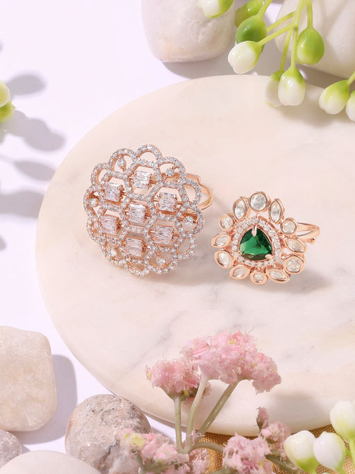 Zaveri Pearls Rose Gold Tone 2 Adjustable Rings (Pack of 2)