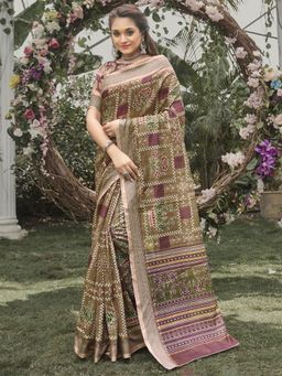 Odette - Womens Soft Silk Olive Printed Saree with Unstitched Blouse