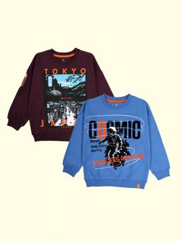 KiddoPanti - Boys Fleece Printed Round Neck Sweatshirt - Multi-Color (Pack of 2)