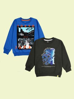 KiddoPanti - Boys Fleece Printed Round Neck Sweatshirt - Multi-Color (Pack of 2)